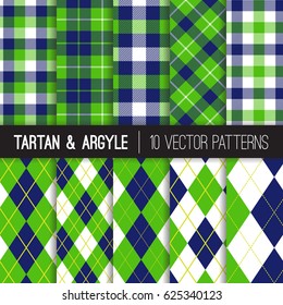 Navy And Green Argyle, Tartan And Gingham Plaid Vector Patterns. Traditional Golf Fashion. Sports Theme Backgrounds For Charity Events Or Birthday Party Decor.  Vector Pattern Tile Swatches Included.