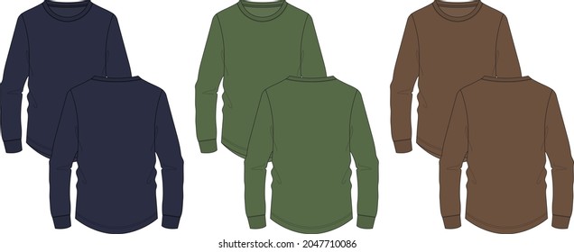 Navy, Green, Khaki Color Long Sleeve With Round Style Bottom  Basic T Shirt Technical Fashion Flat Sketch Vector Template. Cotton Jersey Apparel Design Mockup Front, Back Views.