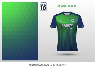 Navy green t-shirt sport design template with geometric triangles pattern for soccer jersey. Sport uniform in front view. Shirt mock up for sport club. Vector Illustration