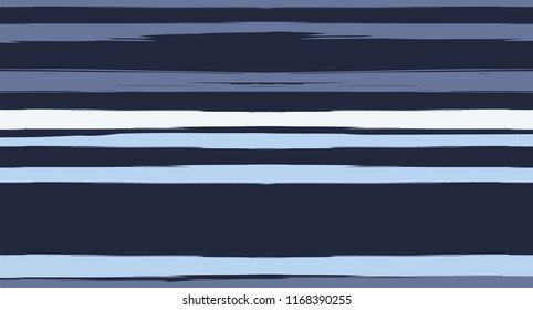 Navy Horizontal Paintbrush Seamless Sailor Stripes. Geometric Abstract Summer Cool Maritime Texture. Hand Painted Male or Female T-Shirt Winter Ocean Banner. Blue Waves Watercolor Sailor Stripes