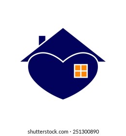 Navy house with white contour in the shape of heart with roof and chimney on it, big window and orange light in it isolated on white background. New house concept. House logo template