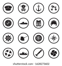 Navy Icons. Black Flat Design In Circle. Vector Illustration.