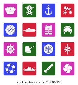 Navy Icons. White Flat Design In Square. Vector Illustration. 