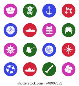 Navy Icons. White Flat Design In Circle. Vector Illustration. 