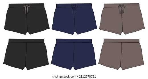 Navy, Khaki, Black color Boys Sweat Shorts vector fashion flat sketch template. Technical Drawing Fashion art Illustration Fleece Sweat jersey shorts for Young
