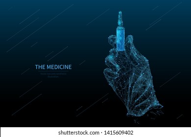 Navy medicine low poly wireframe banner template. Polygonal medical laboratory analysis, scientific lab testing mesh art illustration. 3D scientist hand holding ampoule with medicine