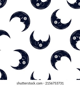 Navy moon seamless pattern with white background.