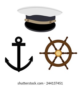 Navy, nautical vector icon set, captain hat, wheel and black anchor