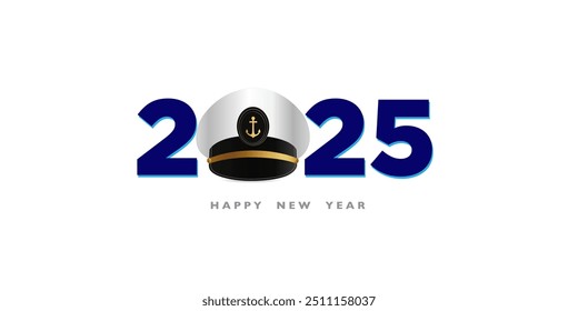 Navy New Year 2025 Creative Web Banner Design, Navy officer, Soldier cap, Anchor, and Indian flag wave on isolated Background, Navy warships, Wishing Greeting Card. Beautiful Calligraphy of Navy Day. 