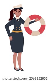 navy officer woman with lifebuoy isolated