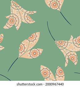 navy orange and blue seamless vector circle with cream leaf pattern on green background