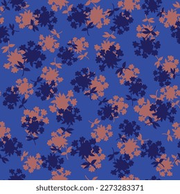 navy and orange seamless floral vector small flowers leaves bunches pattern on blue background