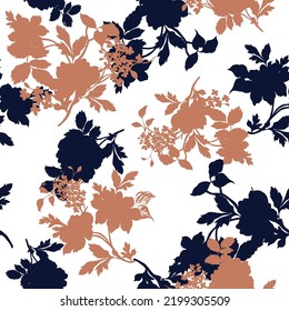 navy and orange seamless flowers leaves bunches pattern of white