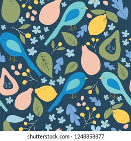 Navy orchard inspired print seamless pattern with birds, leaves and fruit. Great for inspired home decor, backgrounds, invitations, packaging design projects. Kids and nursery room decor and textiles.