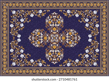 Patrón de damasco ornamental azul marino con motivos florales dorados, flores blancas y un borde decorativo clásico en estilo de alfombra vintage.