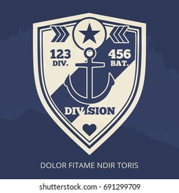 Navy patch with anchor on grunge backdrop. Army emblem, vector illustration