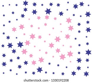 Navy and pink confetti with Stars elements. Blue and rose flying stars confetti. Premium sparkles stardust background pattern. Holiday party decor.
