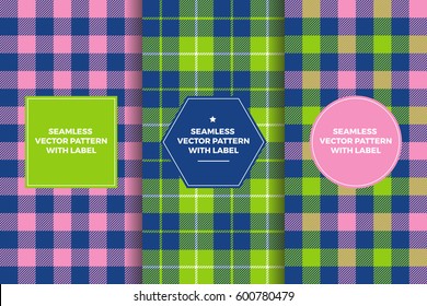 Navy Pink Green Tartan And Gingham Plaid Seamless Patterns With Label Frame. Copy Space For Text. Set Of Design Templates For Packaging, Covers Or Gift Wrapping. Preppy Style Women's Sports Fashion. 