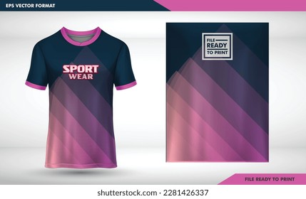 Navy and pink trasparant woman t-shirt sport design template with abstract line halftone pattern for soccer jersey. Sport uniform in front view. Tshirt mock up for sport club. Vector Illustration