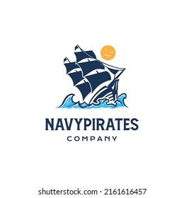 Navy pirates company with sun and ocean logo design template