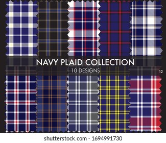 Navy Plaid, checkered, tartan seamless pattern collection includes 10 designs suitable for fashion textiles and graphics