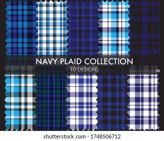 Navy Plaid, checkered, tartan seamless pattern collection includes 10 designs suitable for fashion textiles and graphics