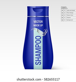 Navy Plastic Bottle Shampoo Isolated on White Background. Vector Layers Mock up for Design