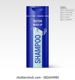 Navy Plastic Shampoo Bottle Isolated on White Background. Vector Layers Mock up
