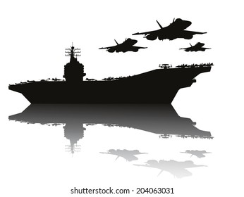 Navy Power.  Aircraft Carrier And Flying Aircrafts. Vector Silhouettes. 