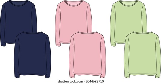 Navy, purple, Green color Long Sleeve T shirt Dress design technical fashion flat sketch vector illustration template for Baby girls and ladies. Cotton fabric clothing mock up front and back views.