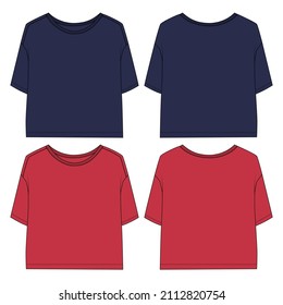 Navy, Red Color Relax Fit Short Sleeve T-Shirt Overall Technical Fashion Flat Sketch Vector Template For Women's. Apparel Design Blank T Shirt Mock Up Front, Back Views Isolated On White Background.