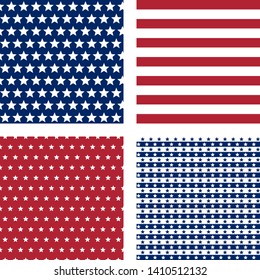 navy and red stars and stripes, vector seamless patterns set