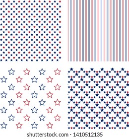 navy and red stars and stripes, vector seamless patterns set