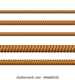 Navy rope of different color for border or frame. Vector Nautical rope thin and thick. Climbing twisted rope for lasso or marine knots.