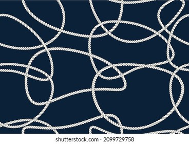 navy rope hand drawn design Nautical rope knot seamless pattern. Endless navy blue room with white rope trim and nautical knots on dark background. For fabric, wallpaper, wrapping. Figure 8,