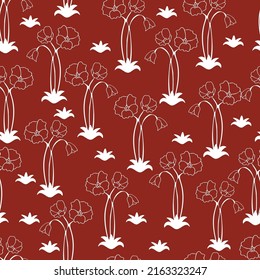 Navy and rust flowers, leaves and birds on a repeat pattern.