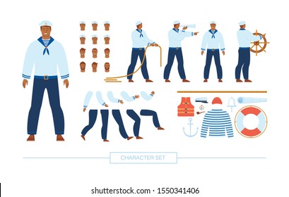 Navy Sailor, Vessel Crewman Character Constructor Trendy Flat Vector, Isolated Design Elements Set. Ship Captain in Various Poses, Body Parts, Emotions Expressions, Sailing Accessories Illustration