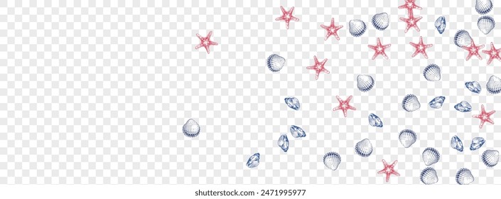 Navy Scallop Background Transparent Vector. Clam Aquatic Illustration. Marine Pattern. Ultramarine Shellfish Cartoon Textile Card. Red Starfish.