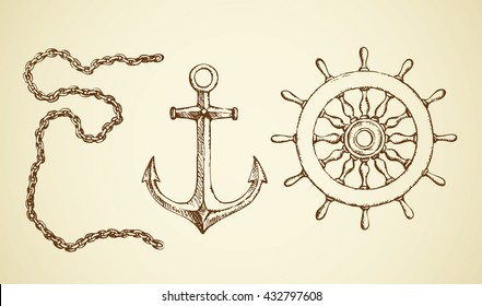 Navy schooner shipswheel, iron anchor, steel heavy attach bond isolated on white background. Freehand outline ink hand drawn picture sketch in art scrawl style