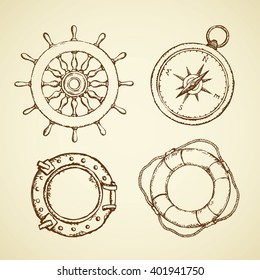 Navy Schooner Shipswheel, Wind Rose, Frigate Scuttle, Sos Life Preserver Isolated On White Background. Freehand Outline Ink Hand Drawn Picture Sign Sketch In Art Doodle Retro Style With Space For Text