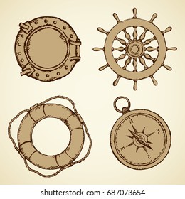 Navy schooner shipswheel, wind rose, frigate scuttle, sos life preserver isolated on white background. Freehand outline ink hand drawn picture sign sketch in art doodle retro style with space for text