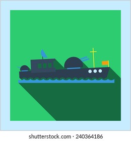Navy sea warship button with icon photo frame card in flat style with long shadow, for web, war and military design