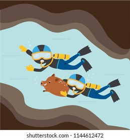 Navy seal rescued wild boar team from Tham Luang cave. Divers helping a young boy cartoon vector illustration.
