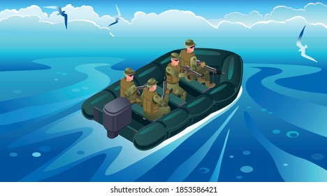 Navy Seals On A Mission On At Sea. Soldiers On Military Boat. Illustration Isometric Icons On Isolated Background