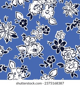 navy seamless floral vector flowers leaves pattern on blue background