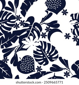 navy seamless floral vector leaf pattern of whit