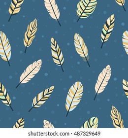 Navy seamless pattern with hand drawn colorful boho feathers.