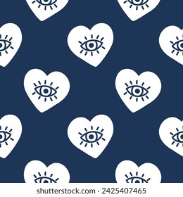 Navy seamless pattern with hearts and eyes