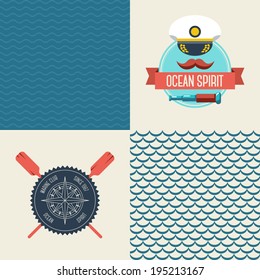 Navy seamless patterns set, scallop and waves. Vector illustration. Marine labels.