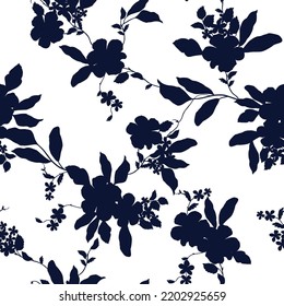 navy seamless vector flowers with leaf pattern of white